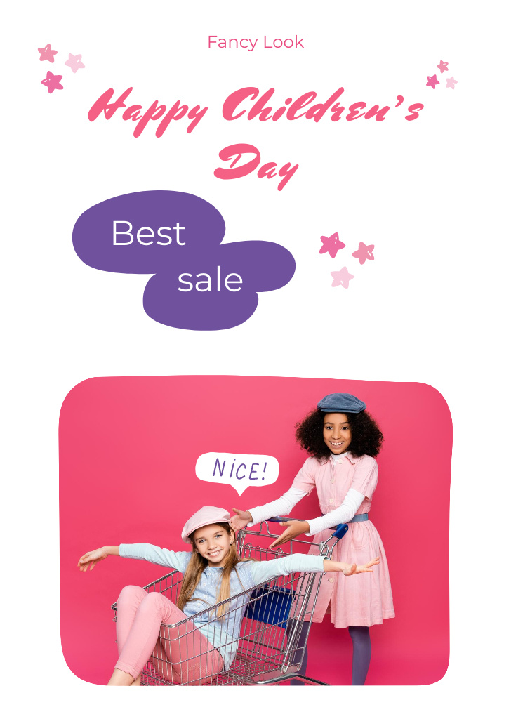 Ontwerpsjabloon van Postcard A6 Vertical van Children's Day Sale Offer With Smiling Girls And Trolley