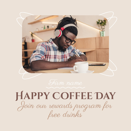 Young Man with Cup of Drink for Coffee Day Promo Instagram Design Template