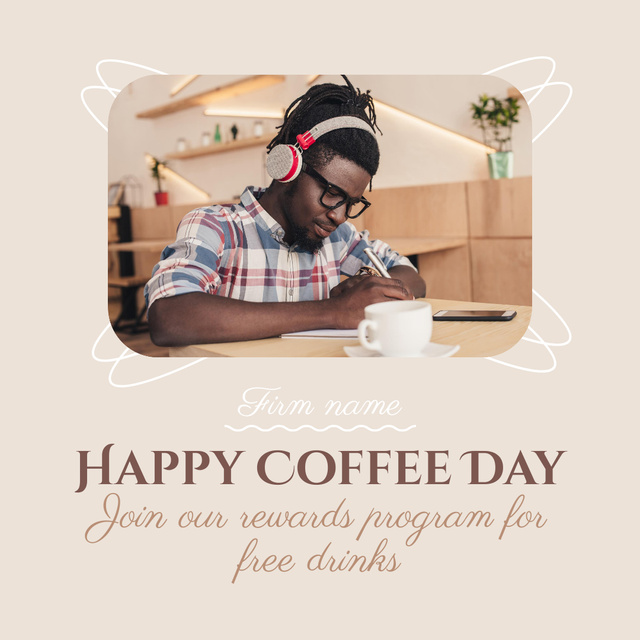 Young Man with Cup of Drink for Coffee Day Promo Instagramデザインテンプレート