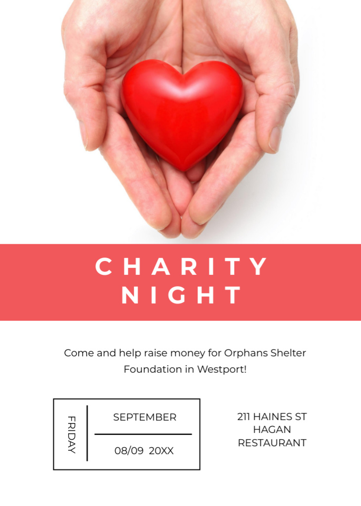 Ontwerpsjabloon van Postcard 5x7in Vertical van Charity Event Hands Holding Red Heart