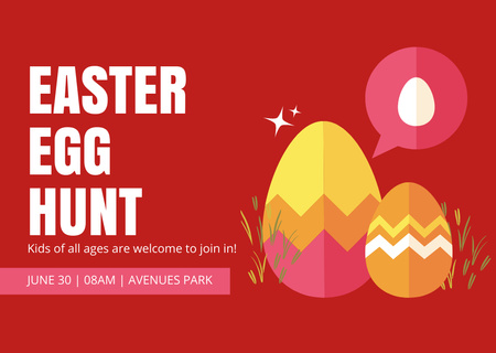 Ontwerpsjabloon van Card van Easter Egg Hunt Advertentie met geschilderde paaseieren op rood