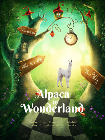 Plantilla de diseño de Anuncio de venta divertido con Alpaca en el país de las maravillas Poster US 
