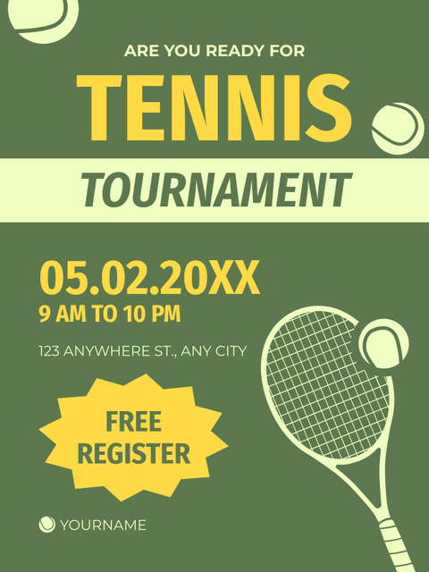 Tennis Competition Announcement on Green with Racket Poster US Design Template