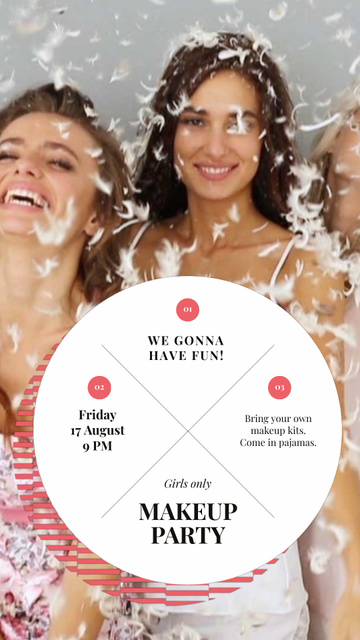 Makeup Party Invitation Girls Having Fun in Feathers Instagram Video Story Modelo de Design