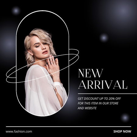 Fashion New Arrival Anouncement with Woman Posing in Black Instagram Design Template