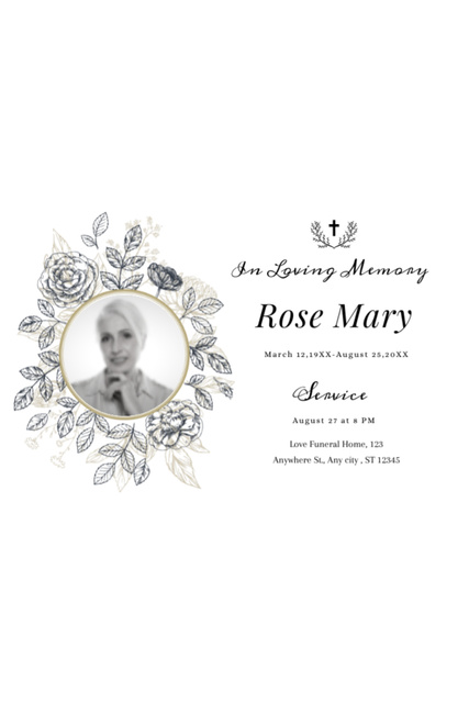 Ontwerpsjabloon van Postcard 4x6in Vertical van Funeral Ceremony Announcement with Photo in Floral Wreath