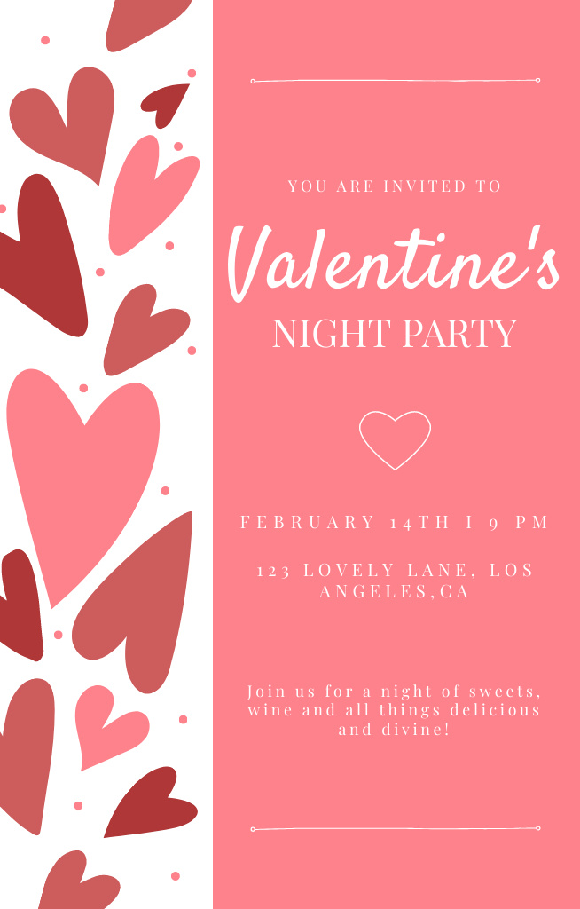 Plantilla de diseño de Valentine's Day Night Party Announcement with Pink Hearts Invitation 4.6x7.2in 