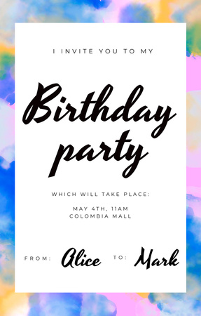 Birthday Party Announcement With Bright Watercolor Pattern Invitation 4.6x7.2in Šablona návrhu