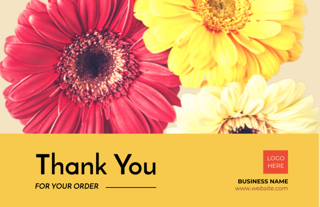 Thank You Message with Gerbera Flowers on Yellow Thank You Card 5.5x8.5in Design Template