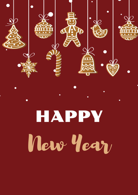 New Year Greeting with Decorations on Red Postcard A5 Vertical Šablona návrhu