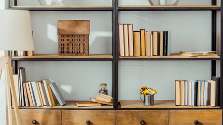 Ontwerpsjabloon van Zoom Background van Wooden shelves with Books and Flowers