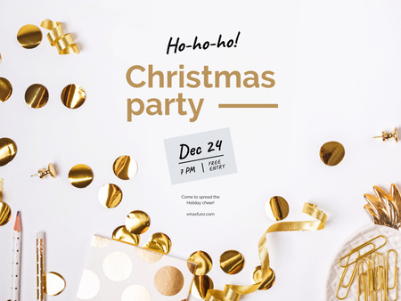 Christmas Party Announcement with Golden Decorations Poster 18x24in Horizontal Design Template