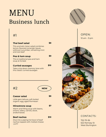 Business Lunch With Salads Offer In Ivory Menu 8.5x11in Design Template