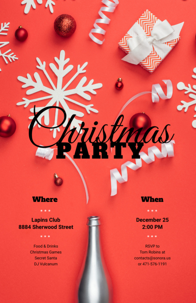 Festive Christmas Party Announcement With Bottle And Decorations Invitation 5.5x8.5in Modelo de Design