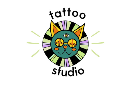 Plantilla de diseño de Linda ilustración de gato con oferta de estudio de tatuajes Business Card 85x55mm 