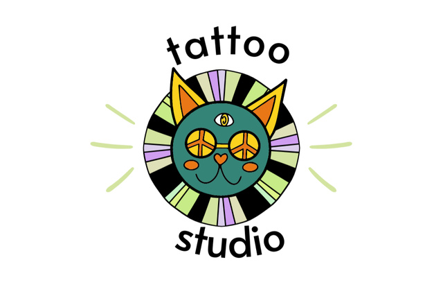 Modèle de visuel Cute Cat Illustration With Tattoo Studio Offer - Business Card 85x55mm