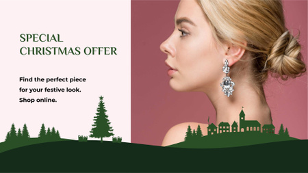Ontwerpsjabloon van FB event cover van kerstmis aanbieding vrouw in oorbellen met diamanten