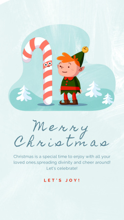 Plantilla de diseño de Felicitación navideña con duende comiendo bastón de caramelo Instagram Video Story 