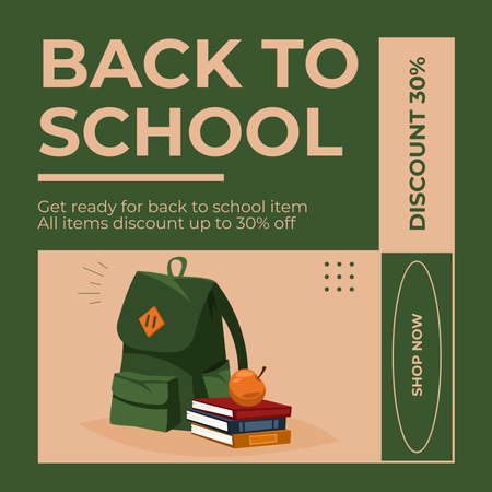 School Supplies Discount with Green Backpack Instagram Šablona návrhu