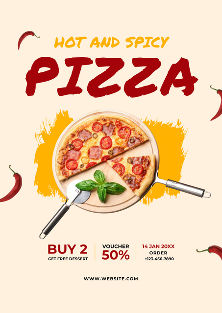 Designvorlage Discount on Hot and Spicy Pizza für Poster