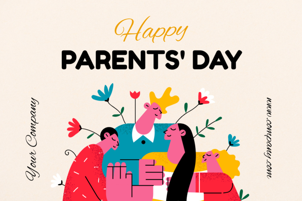 Happy Parents' Day with Cute Illustration Postcard 4x6in Design Template