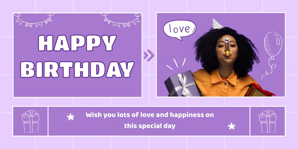 Cheerful African American Birthday Girl on Purple Twitter Šablona návrhu