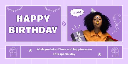 Cheerful African American Birthday Girl on Purple Twitter Design Template