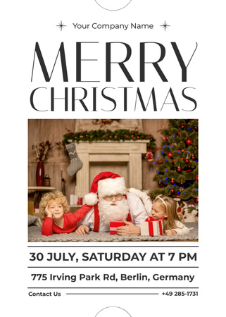 Magic Christmas Party In July with Jolly Santa Claus and Kids Flayer Design Template