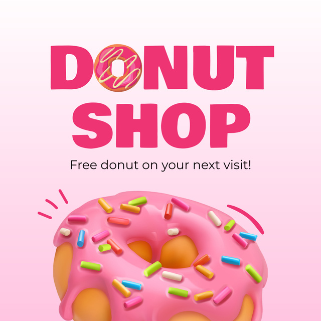 Doughnut Shop Ad with Pink Donut Illustration Instagram ADデザインテンプレート