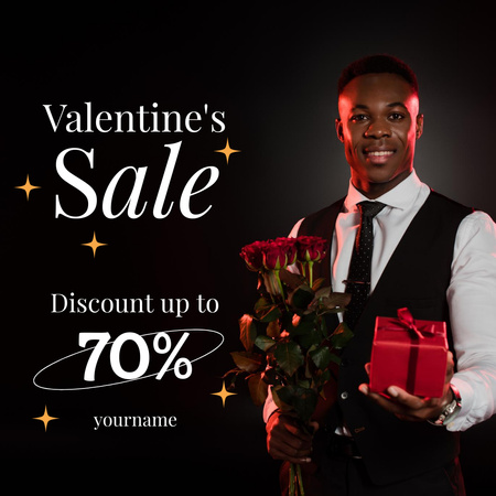 Valentine's Day Sale with Young African American Man with Rose Bouquet Instagram AD Design Template