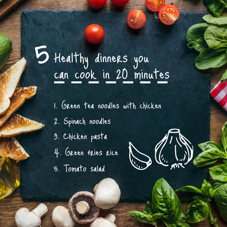 Ontwerpsjabloon van Instagram van gezonde diners recepten advertentie met groenten op tafel