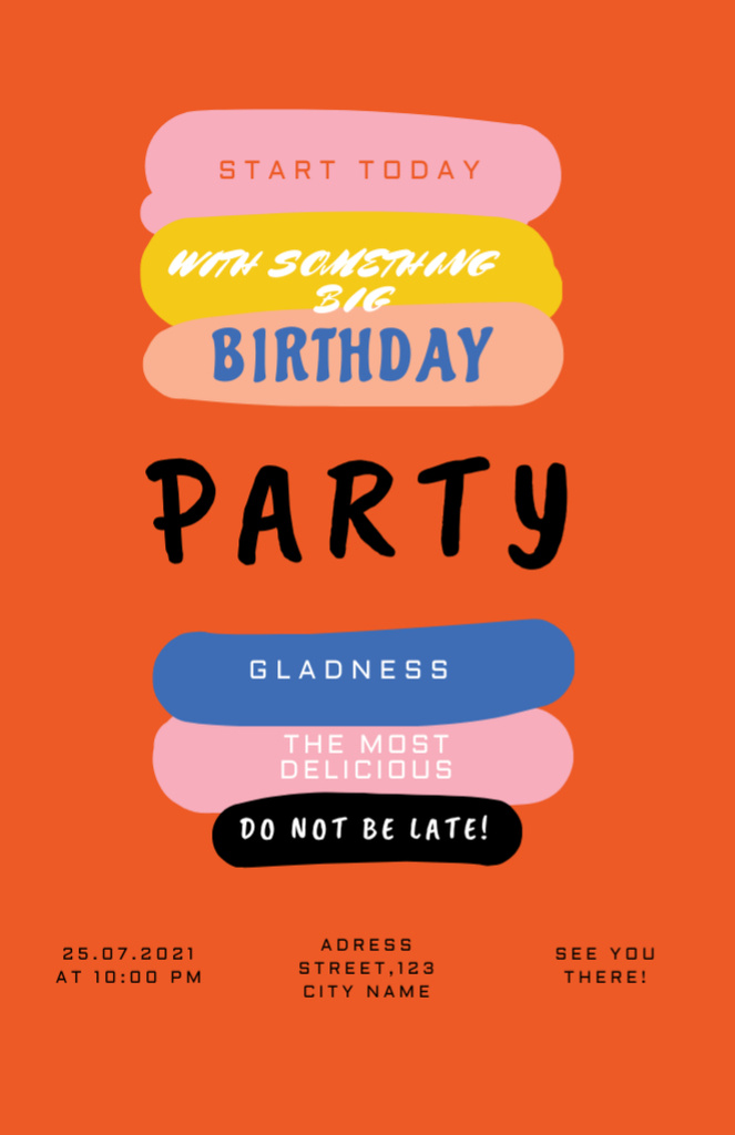 Birthday Party Bright Announcement In Orange with Stripes Invitation 5.5x8.5in Tasarım Şablonu