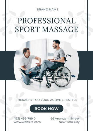 Physiotherapist Massaging Leg of Handicapped Man in Wheelchair Poster Design Template