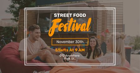 Street Food Festival Announcement with Friends near Booth Facebook AD tervezősablon
