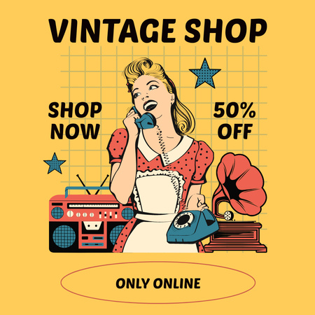 Vintage shop retro illustration Instagram AD Design Template
