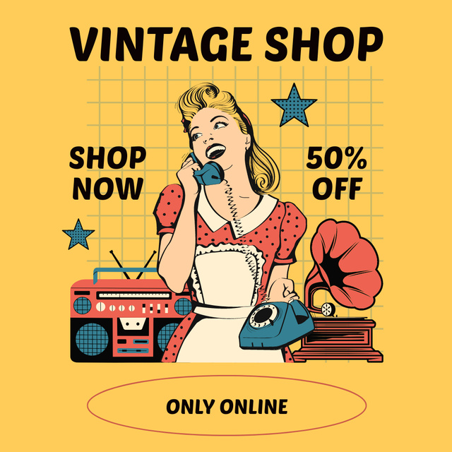 Vintage shop retro illustration Instagram AD Tasarım Şablonu