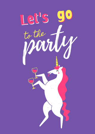 Party Announcement And Unicorn With Wineglasses Postcard A6 Vertical Design Template