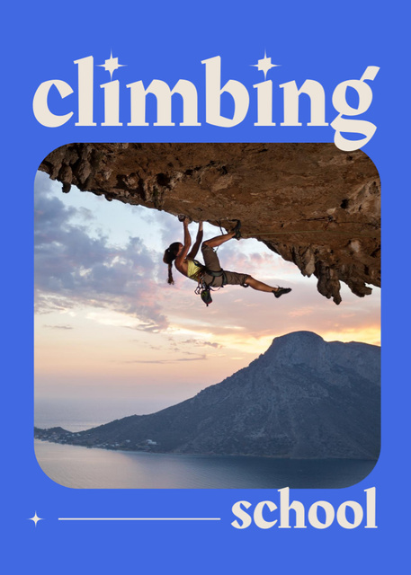 Designvorlage Climbing School Ad on Blue With Outstanding View Of Mountains für Postcard 5x7in Vertical