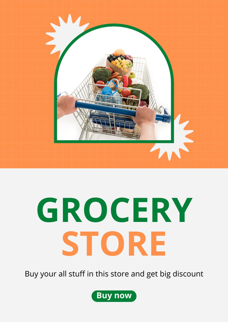 Grocery Store Ad with Shopping Cart Full with Various Products Poster Modelo de Design