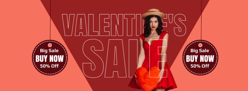 Plantilla de diseño de Valentine's Day Discount with Beautiful Woman in Red Dress Facebook cover 