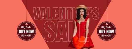 Скидка на День святого Валентина с красивой женщиной в красном платье Facebook cover – шаблон для дизайна