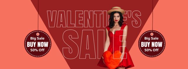 Ontwerpsjabloon van Facebook cover van Valentine's Day Discount with Beautiful Woman in Red Dress