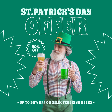 St. Patrick's Day Discount Offer with Man and Beer Instagram Design Template