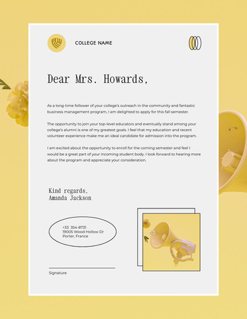 Student's Letter Response to University In Yellow Letterhead 8.5x11in Design Template