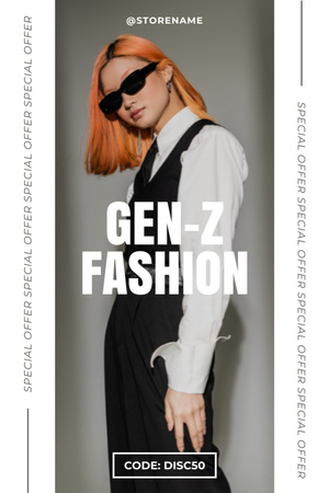 Anúncio de moda da Geração Z com uma jovem estilosa usando óculos escuros Tumblr Modelo de Design
