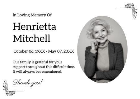 Funeral Thank You with Photo of Nice Old Lady Card Design Template