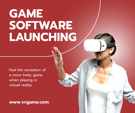 Game Software Launching Ad with Woman in Virtual Reality Glasses Facebook Tasarım Şablonu