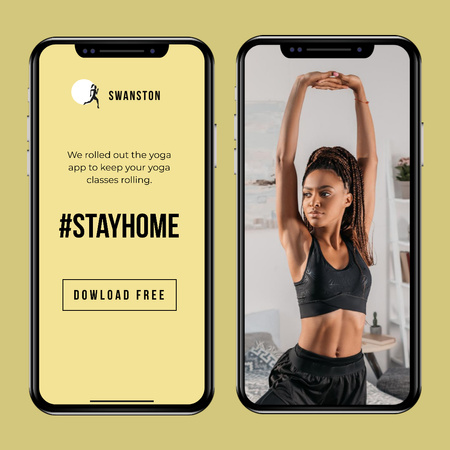 #StayHome Yoga App promotion with Woman exercising Instagramデザインテンプレート