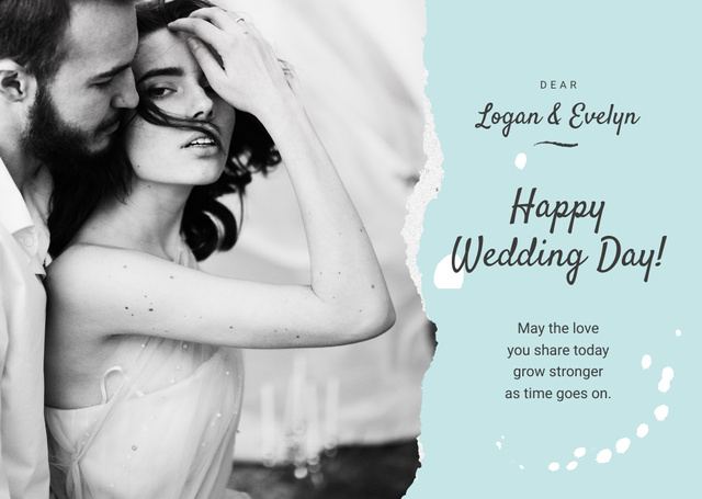 Plantilla de diseño de Wedding Greeting Tender Embracing Newlyweds in Blue Card 