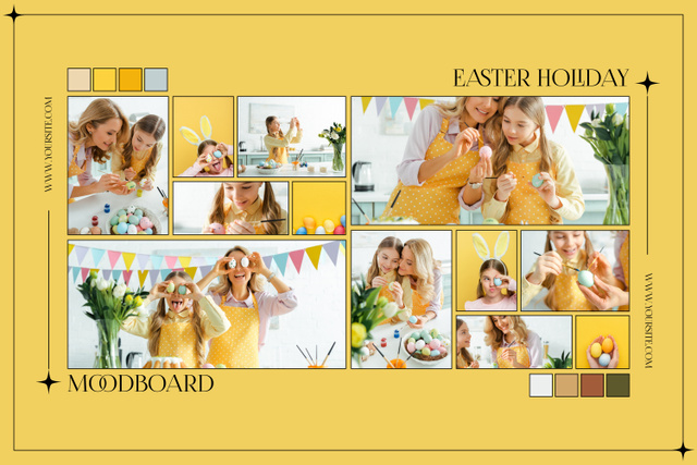 Designvorlage Holiday Collage of Cheerful Mother and Daughter Preparing for Easter für Mood Board